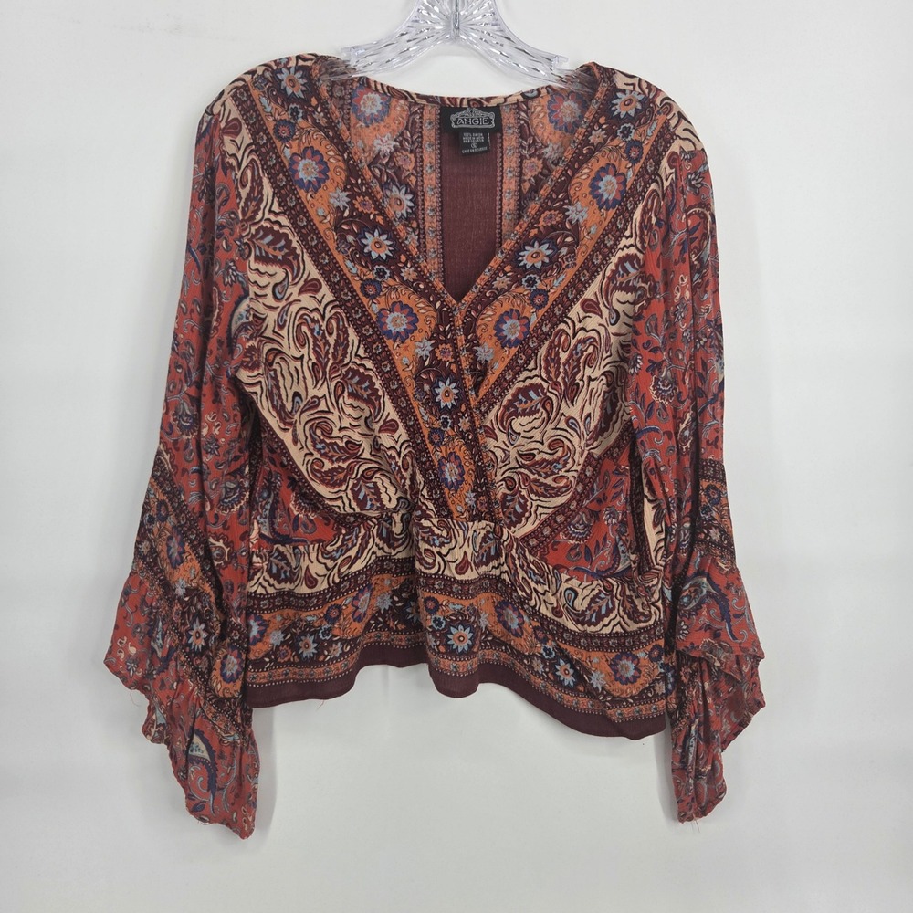 Angie Blouse Small Burgundy Paisley Bell Sleeve Boho Eclectic Art-Inspired Top